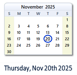 20 November 2025 calendar