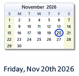 November 20, 2026 calendar
