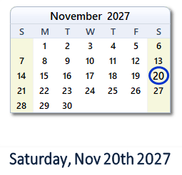 November 20, 2027 calendar