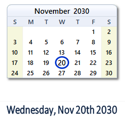 November 20, 2030 calendar