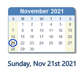 November 21, 2021 Calendar with Holidays & Count Down - USA