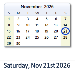 21 November 2026 calendar