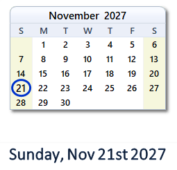 21 November 2027 calendar