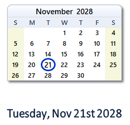 November 21, 2028 calendar