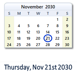 November 21, 2030 calendar