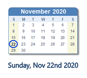 November 22, 2020 calendar