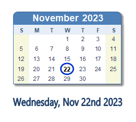 22 November 2023 calendar