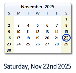 22 November 2025 calendar