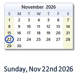 22 November 2026 calendar