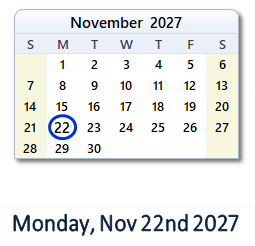 November 22, 2027 calendar