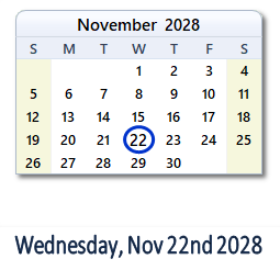 November 22, 2028 calendar