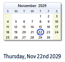November 22, 2029 calendar