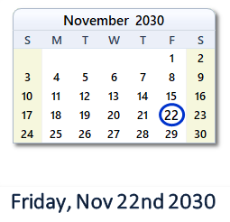 November 22, 2030 calendar