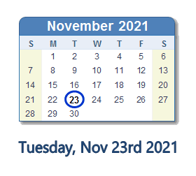 November 23, 2021 calendar