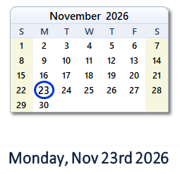 23 November 2026 calendar