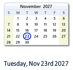 November 23, 2027 calendar