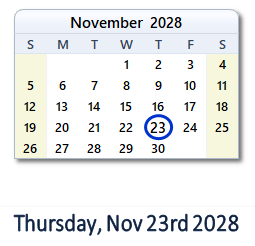 November 23, 2028 calendar