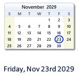 November 23, 2029 calendar