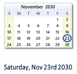 November 23, 2030 calendar