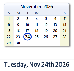 November 24, 2026 calendar