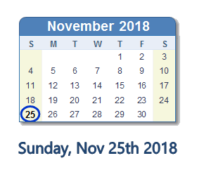 November 25, 2018 calendar