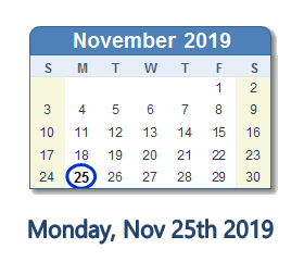 November 25, 2019 calendar