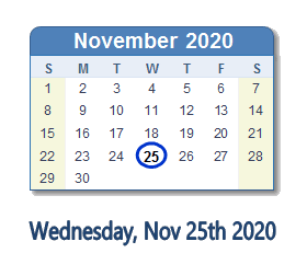 November 25, 2020 calendar