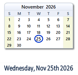 November 25, 2026 calendar