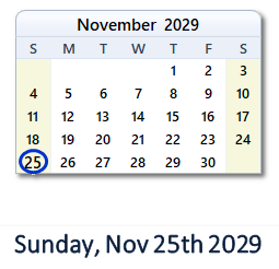 November 25, 2029 calendar