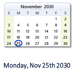 November 25, 2030 calendar