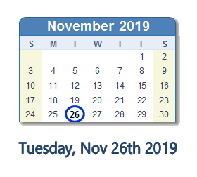 November 26, 2019 calendar