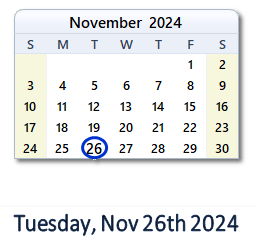 26 November 2024 calendar