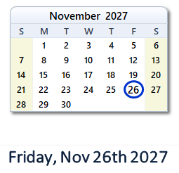 November 26, 2027 calendar