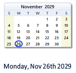 November 26, 2029 calendar