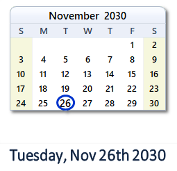 November 26, 2030 calendar