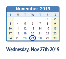 November 27, 2019 calendar
