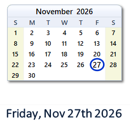 November 27, 2026 calendar
