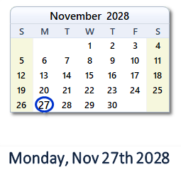 November 27, 2028 calendar