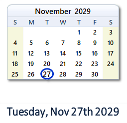 November 27, 2029 calendar