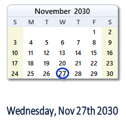 November 27, 2030 calendar