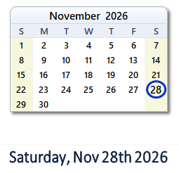 28 November 2026 calendar