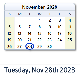 November 28, 2028 calendar
