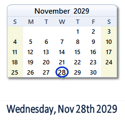 November 28, 2029 calendar