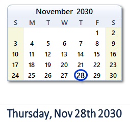 November 28, 2030 calendar