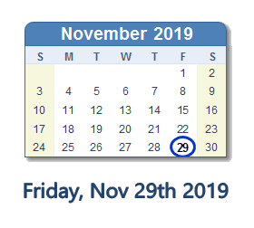 November 29, 2019 calendar