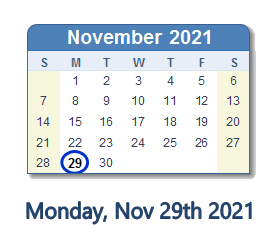 29 November 2021 calendar