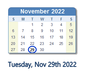 November 29, 2022 calendar