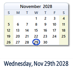November 29, 2028 calendar
