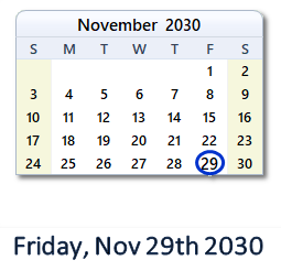 November 29, 2030 calendar