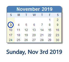 November 3, 2019 calendar